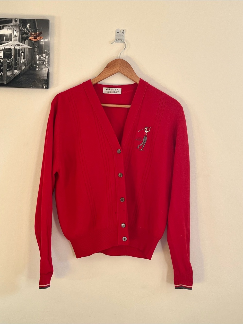 Jaeger Knit 100%  lambswool Cardigan Sweater - Embroidered Golfer Medium PTP 22
